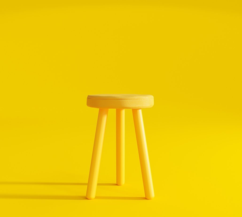 Yellow three legged chair on yellow background light from the side. Minimal idea concept, 3D Render.