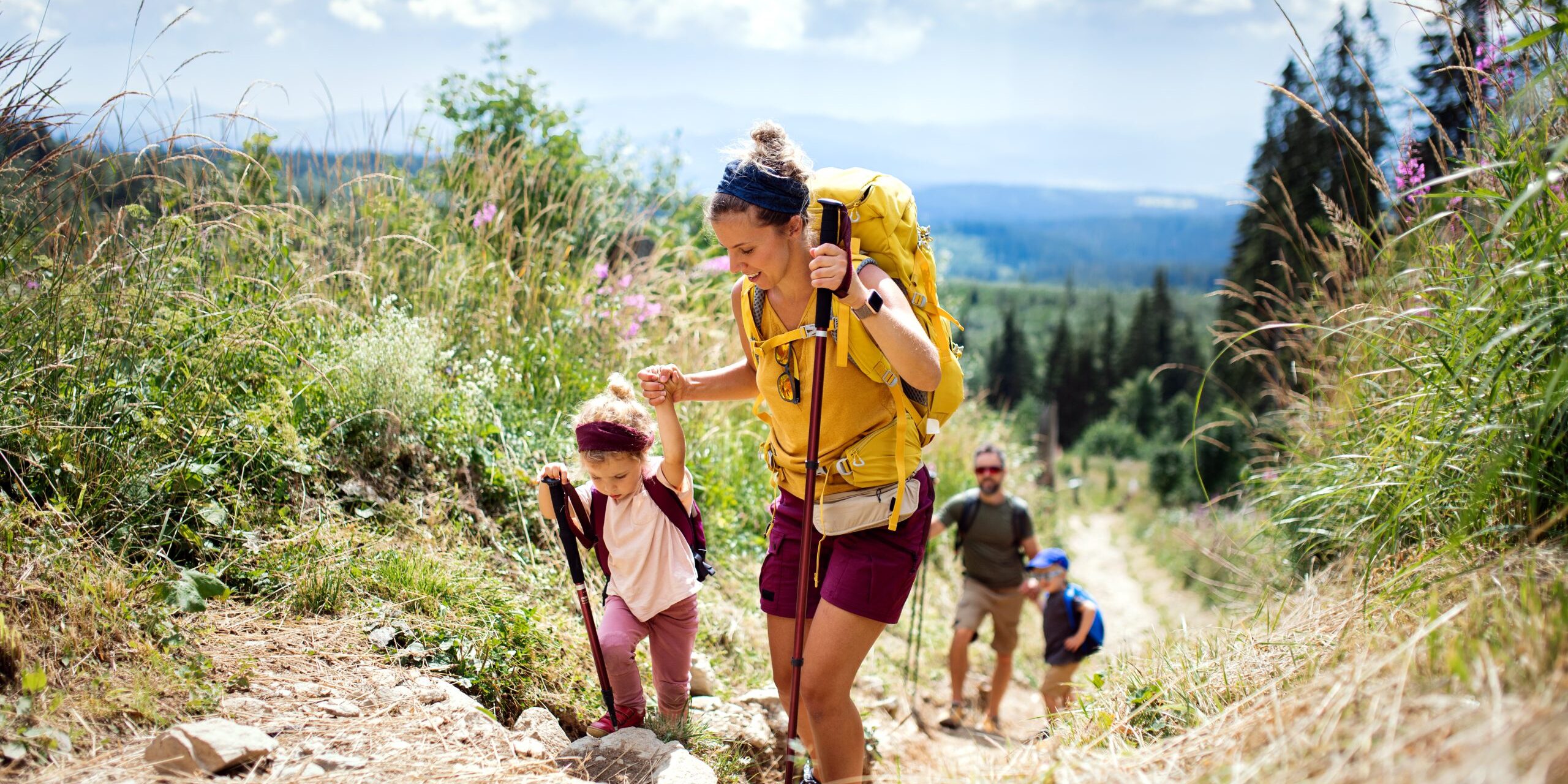 Family with small children hiking outdoors in summer nature, walking in High Tatras.