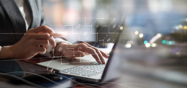 Manager working with business structure in office on virtual screen.