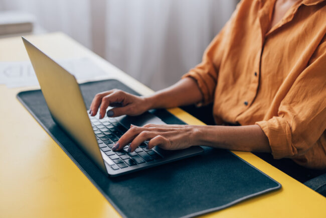 Professional Woman Working on Laptop at Modern Workspace